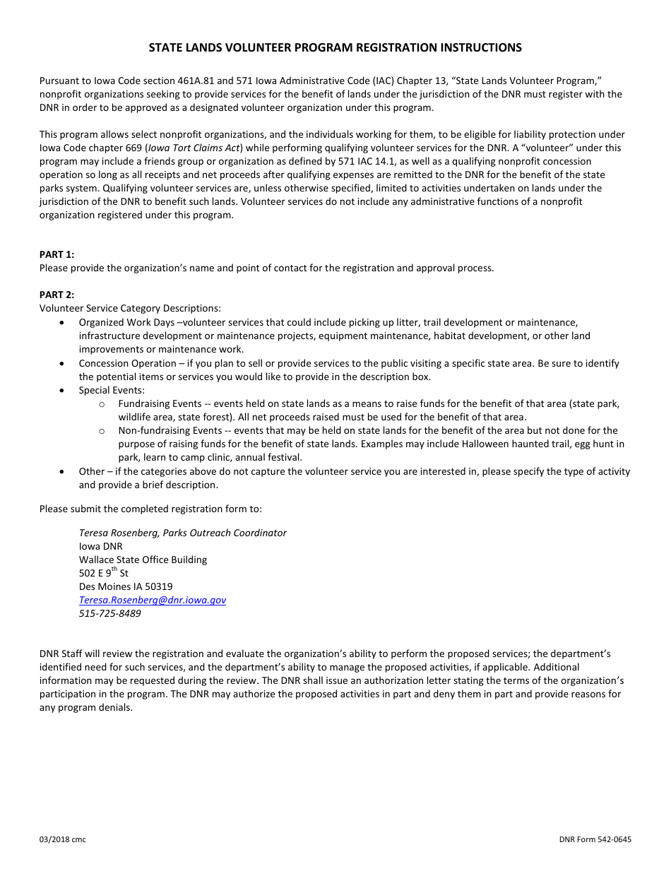 DNR Form 542-0645 State Lands Volunteer Program Registration - Iowa, Page 2