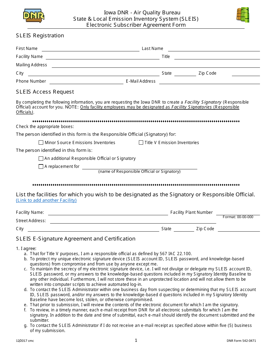 DNR Form 542-0471 Sleis Electronic Subscriber Agreement Form - Iowa, Page 1