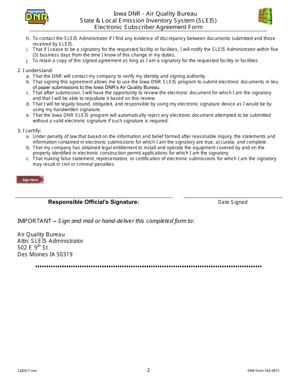 DNR Form 542-0471 Sleis Electronic Subscriber Agreement Form - Iowa, Page 2