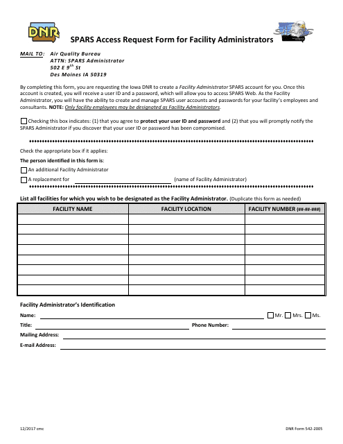 DNR Form 542-2005 Spars Access Request Form for Facility Administrators - Iowa