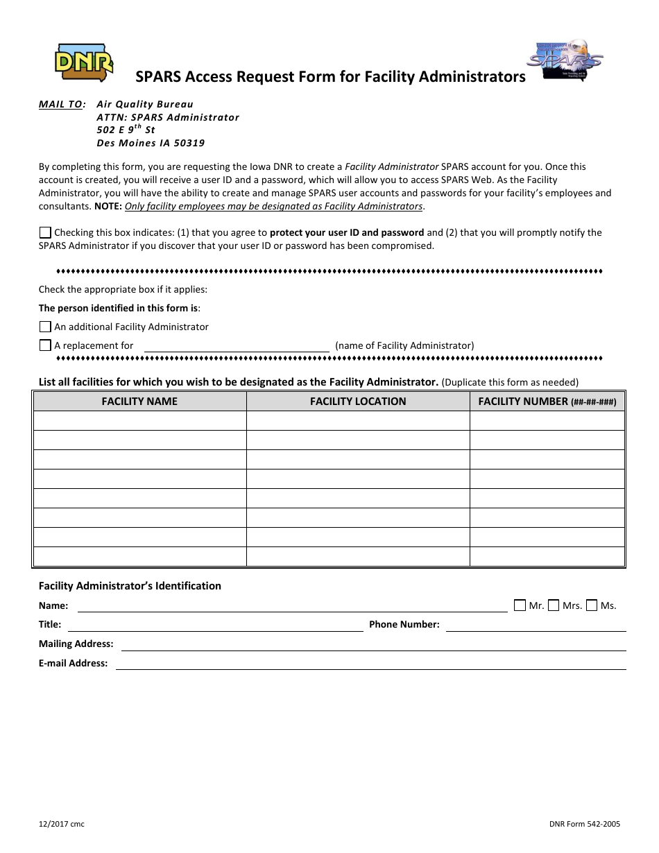 DNR Form 542-2005 Spars Access Request Form for Facility Administrators - Iowa, Page 1