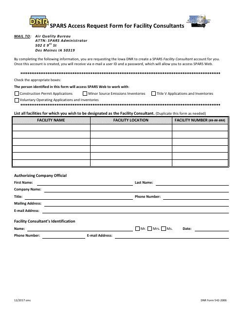 DNR Form 542-2006 Spars Access Request Form for Facility Consultants - Iowa