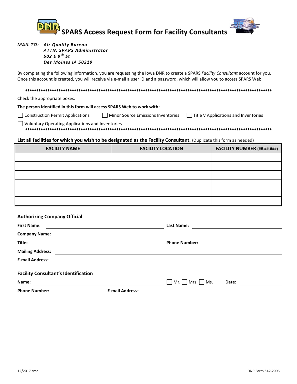 DNR Form 542-2006 Spars Access Request Form for Facility Consultants - Iowa, Page 1