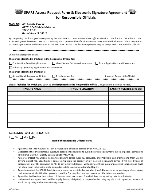 DNR Form 542-2004 Spars Access Request Form & Electronic Signature Agreement for Responsible Officials - Iowa