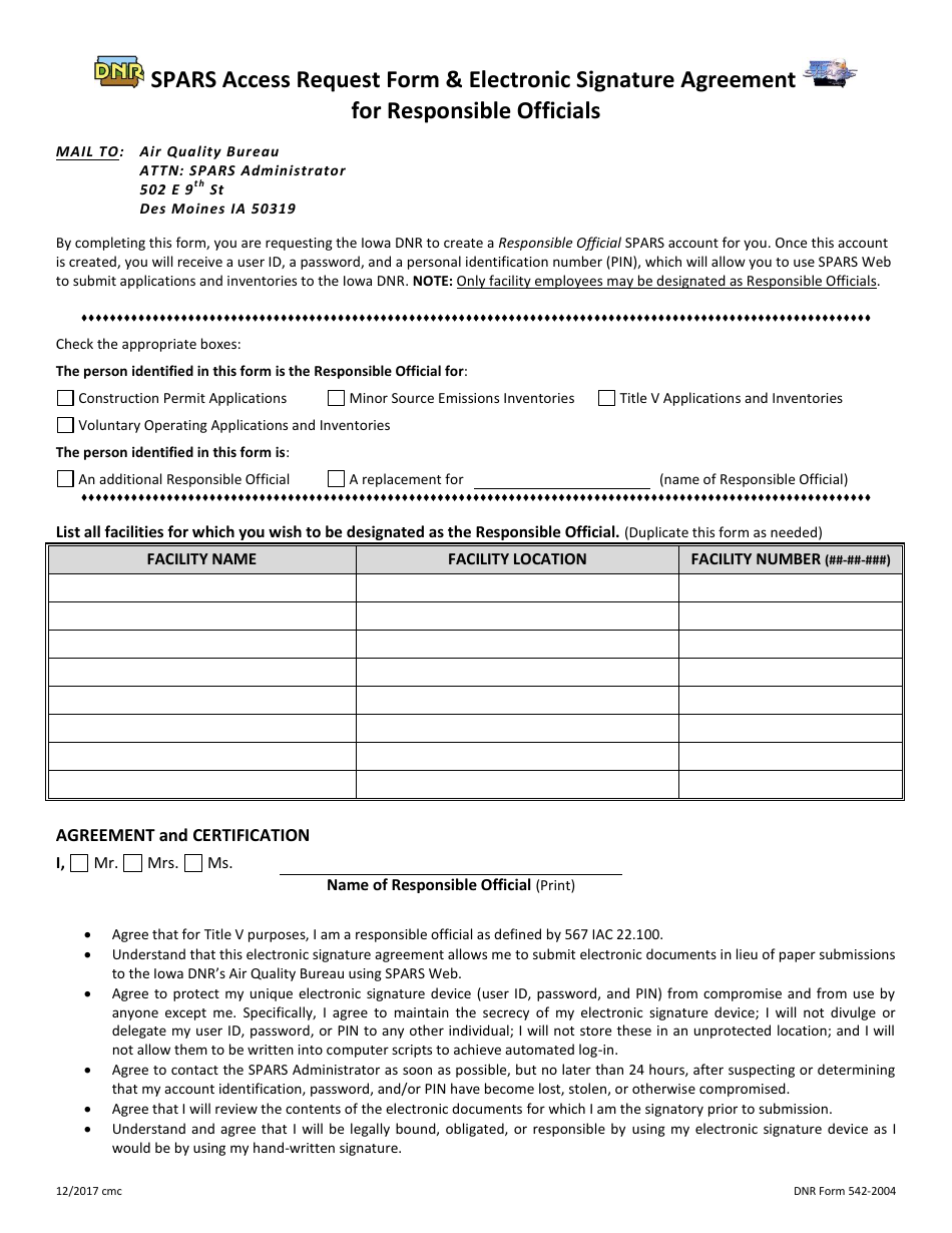 DNR Form 542-2004 Spars Access Request Form  Electronic Signature Agreement for Responsible Officials - Iowa, Page 1