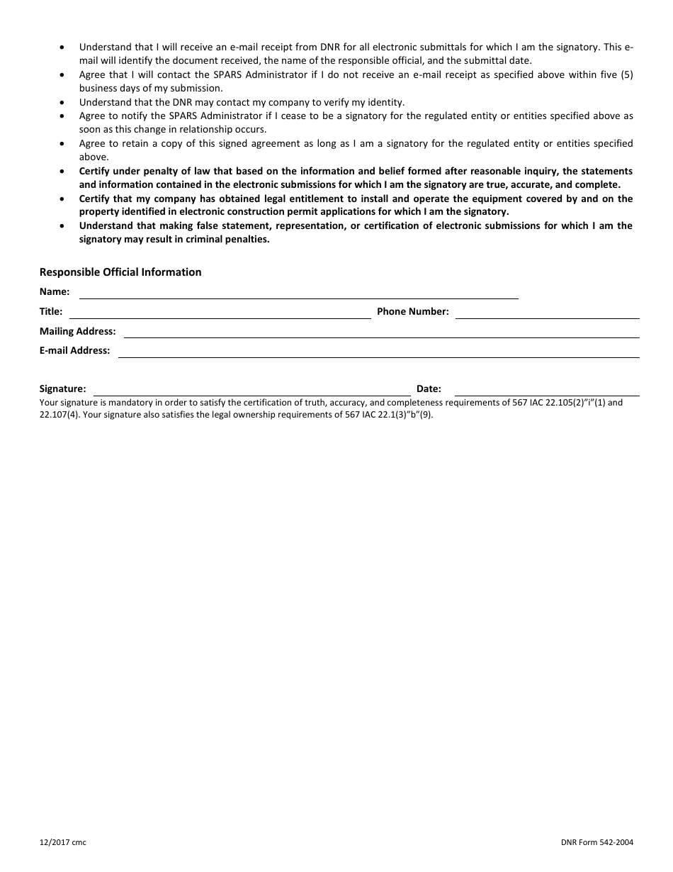 DNR Form 542-2004 Spars Access Request Form  Electronic Signature Agreement for Responsible Officials - Iowa, Page 2