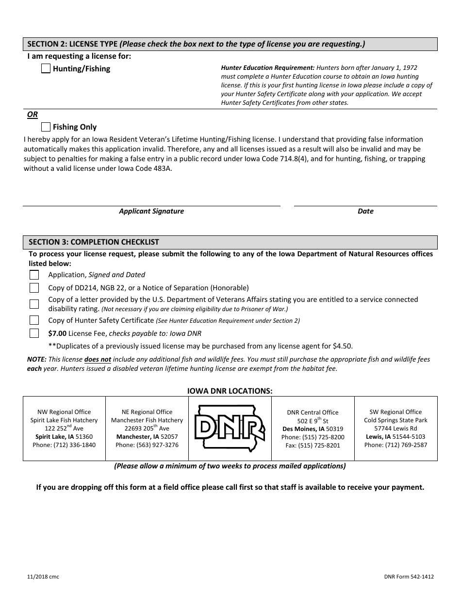 DNR Form 542-1412 Application for Iowa Lifetime Hunting / Fishing License for Resident, Disabled Veterans - Iowa, Page 2