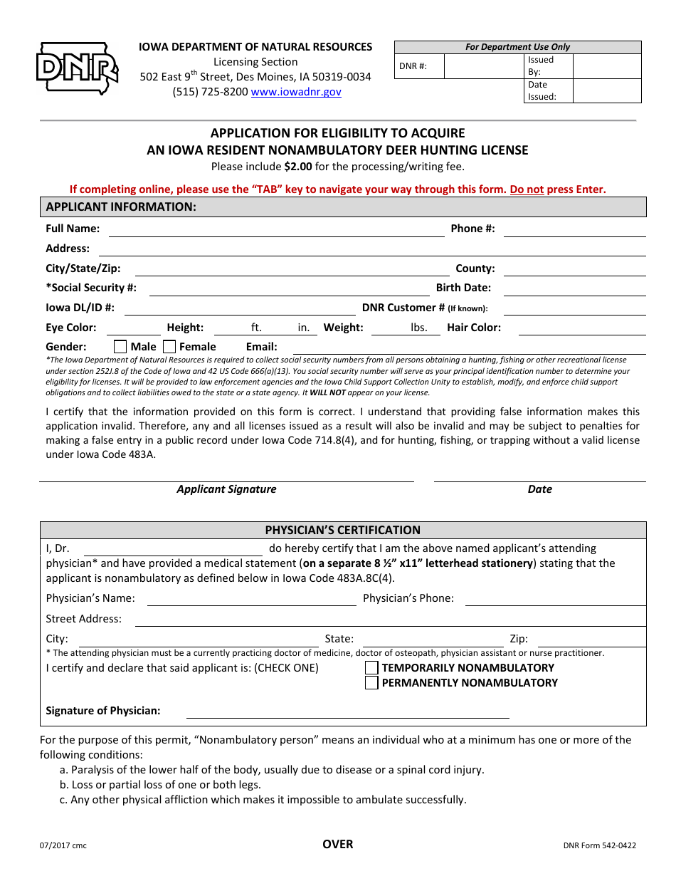 DNR Form 542-0422 Application for Eligibility to Acquire an Iowa Resident Nonambulatory Deer Hunting License - Iowa, Page 1