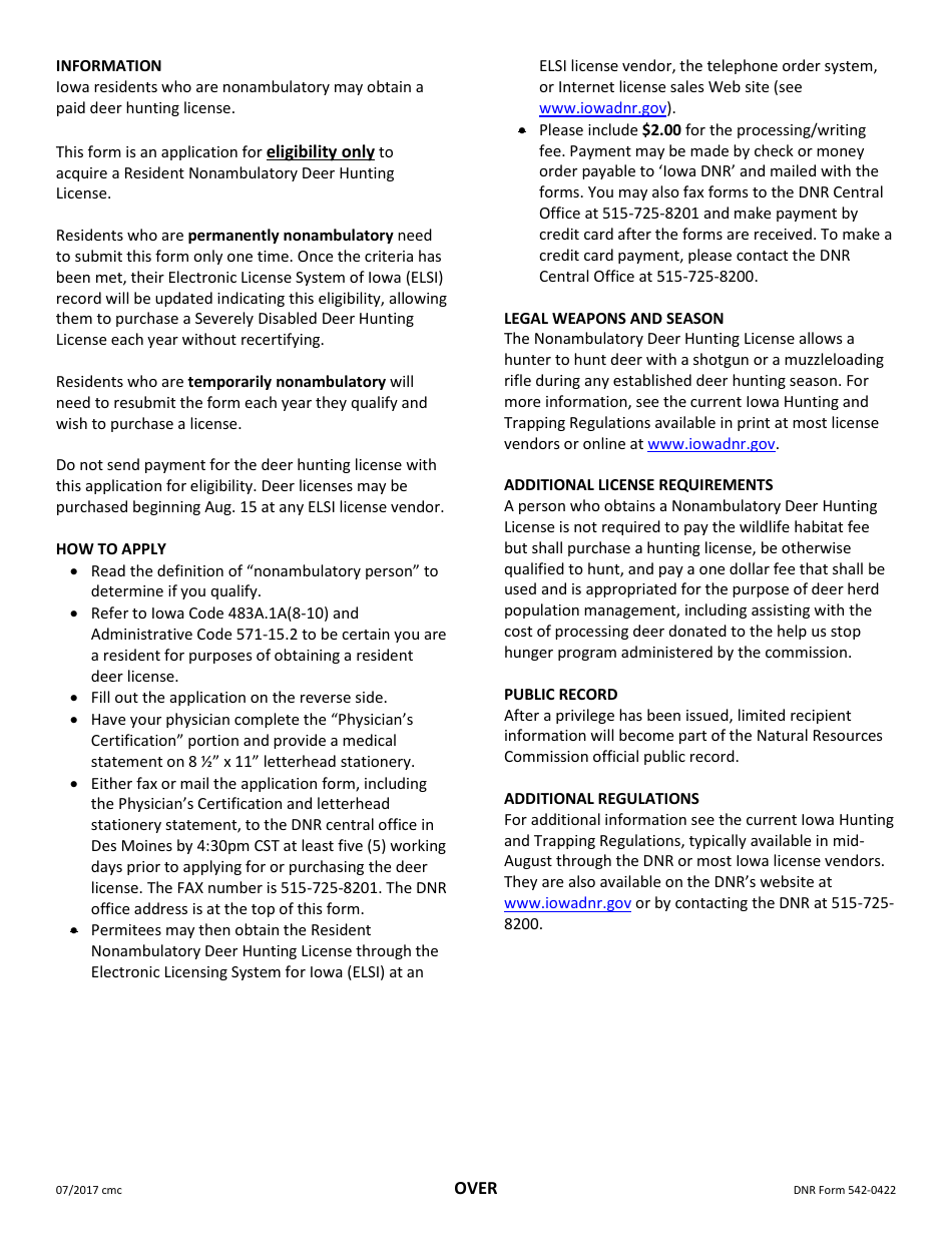 DNR Form 542-0422 Application for Eligibility to Acquire an Iowa Resident Nonambulatory Deer Hunting License - Iowa, Page 2
