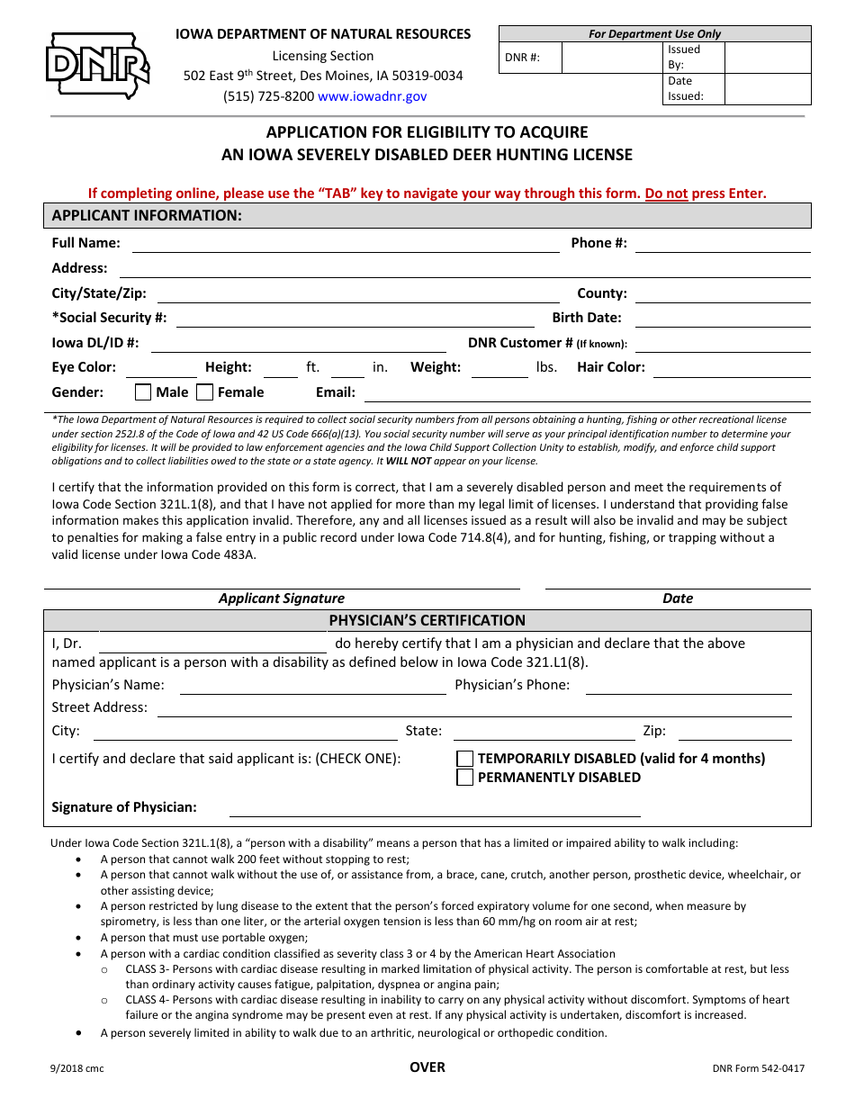 DNR Form 542-0417 Application for Eligibility to Acquire an Iowa Severely Disabled Deer Hunting License - Iowa, Page 1