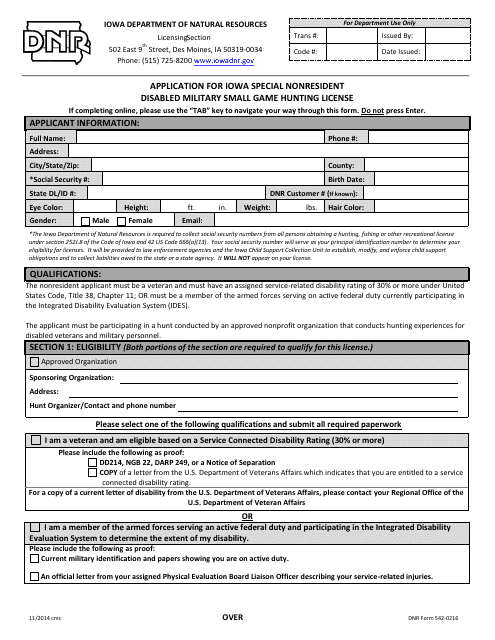 DNR Form 542-0216  Printable Pdf