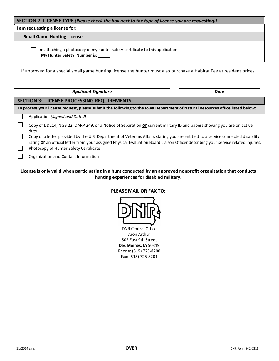 DNR Form 542-0216 Application for Iowa Special Nonresident Disabled Military Small Game Hunting License - Iowa, Page 2