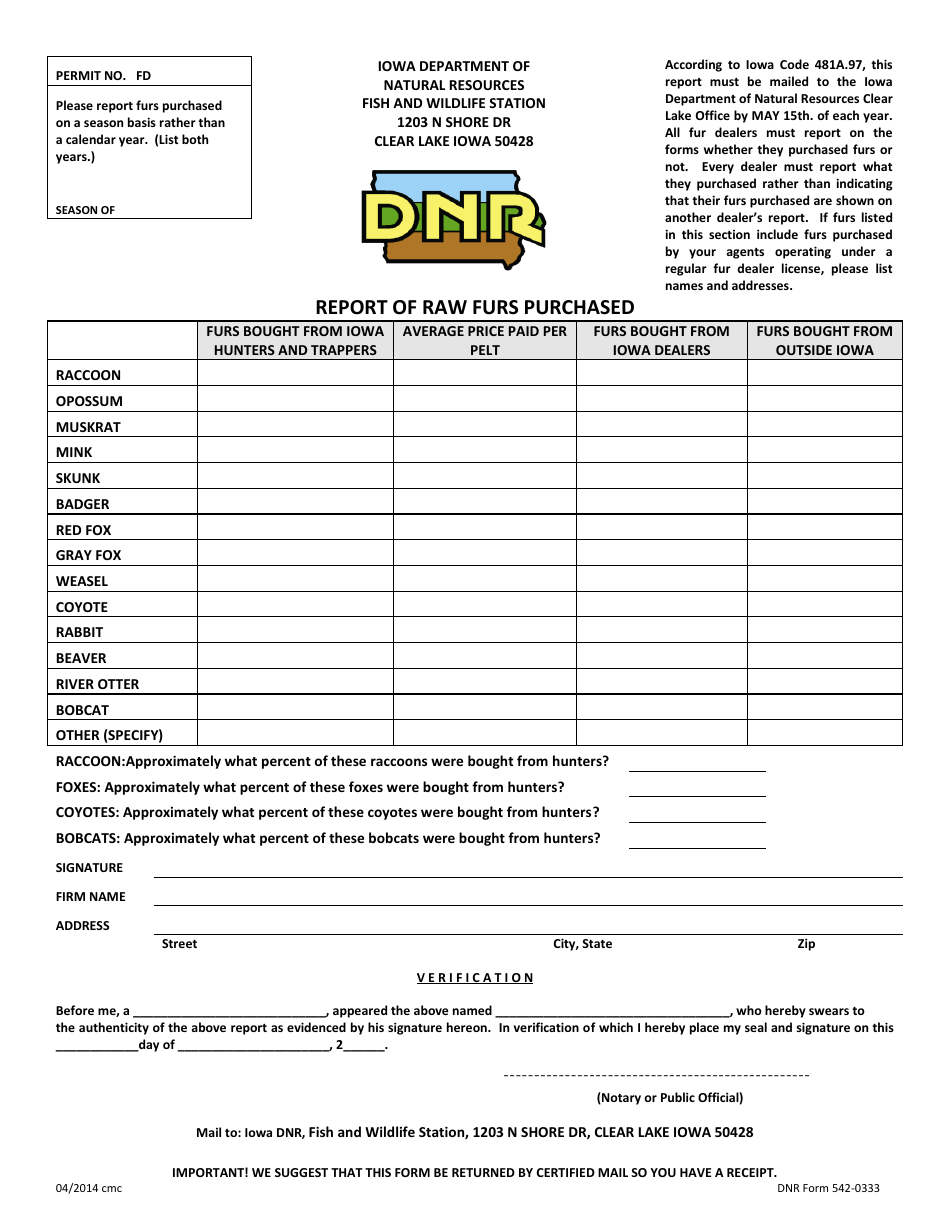 DNR Form 542-0333 Report of Raw Furs Purchased - Iowa, Page 1