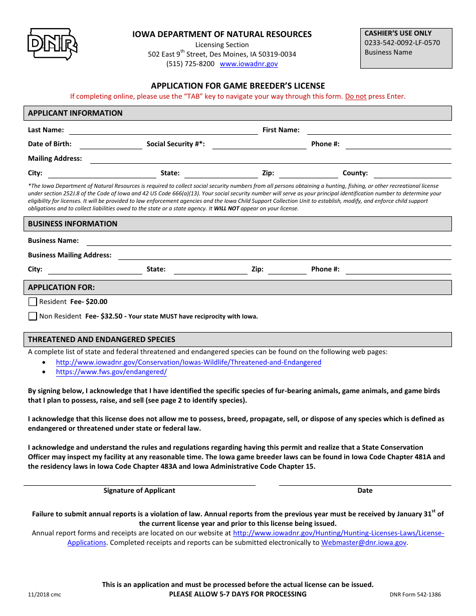 DNR Form 542-1386 Application for Game Breeders License - Iowa, Page 1