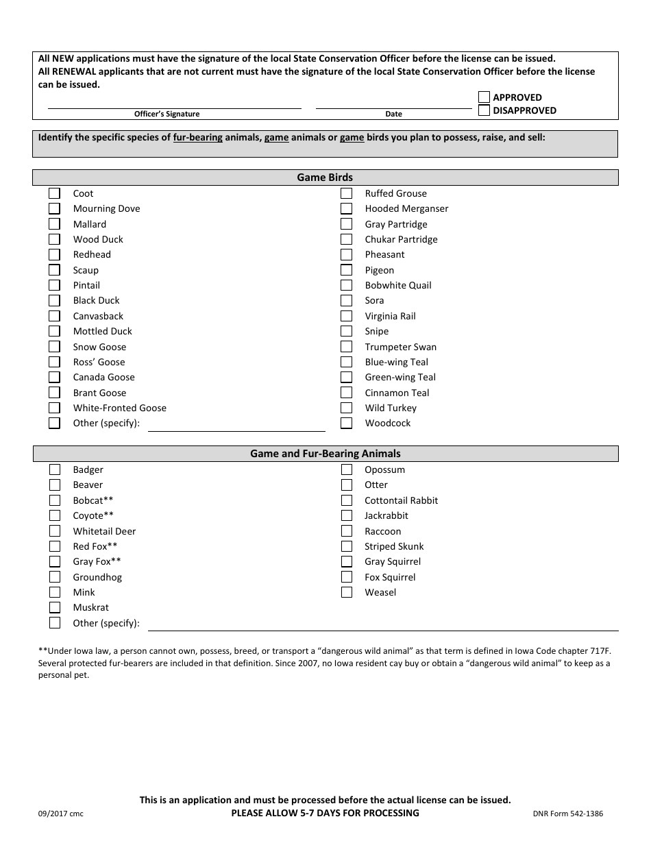 DNR Form 542-1386 Application for Game Breeders License - Iowa, Page 2