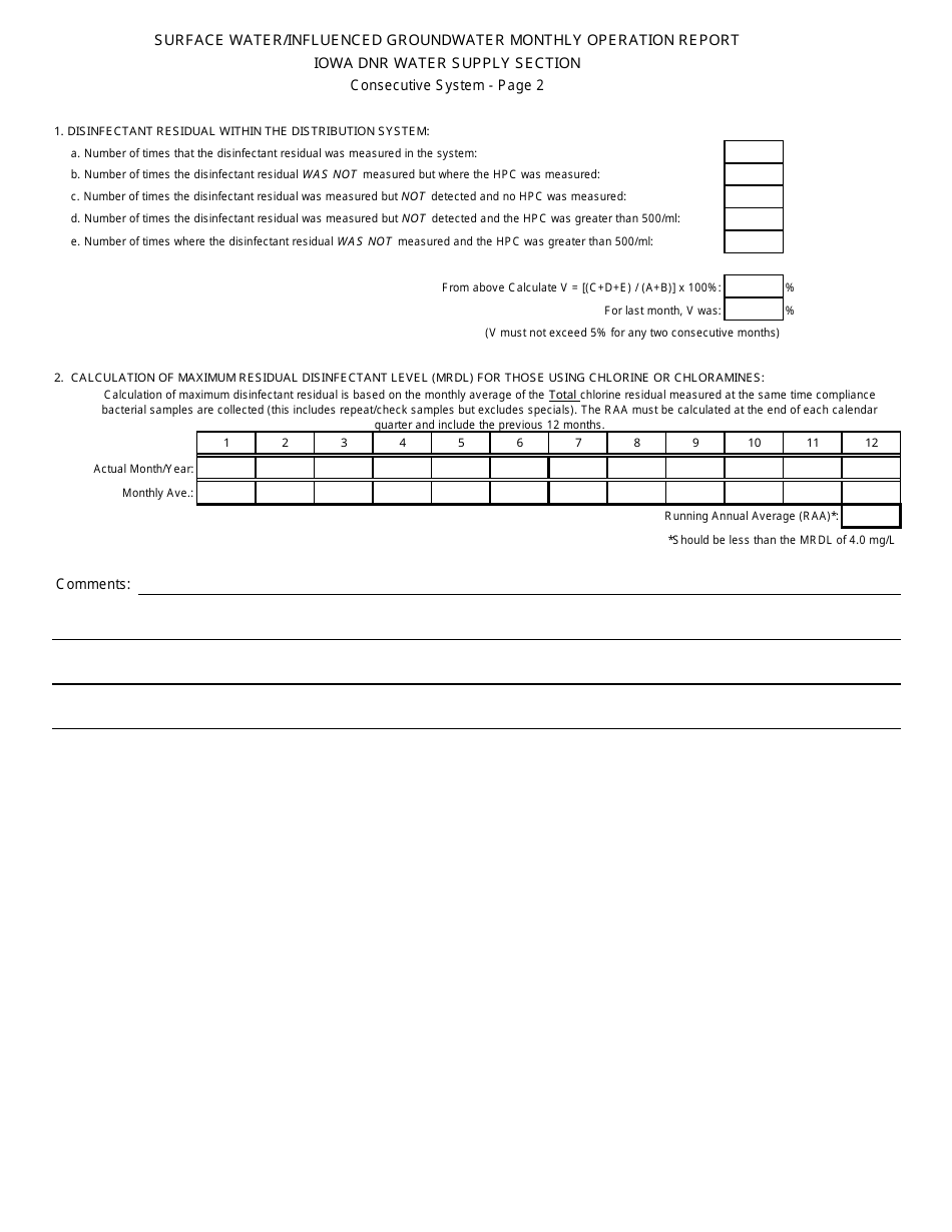DNR Form 542-8110 Surface Water / Influenced Groundwater Monthly Operation Report - Consecutive System - Iowa, Page 2