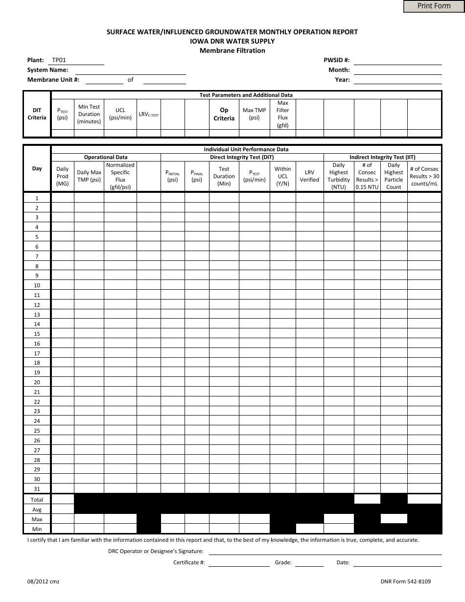 DNR Form 542-8109 Surface Water / Influenced Groundwater Monthly Operation Report - Membrane Filtration - Iowa, Page 1