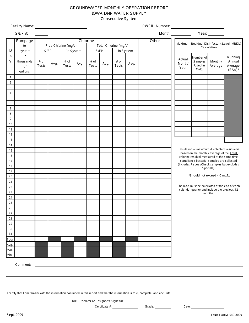 DNR Form 542-8099 Groundwater Monthly Operation Report - Consecutive System - Iowa, Page 1