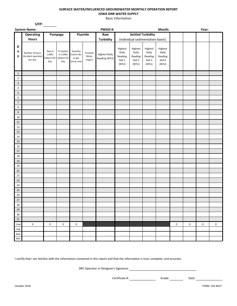 DNR Form 542-8027 Large System Surface Water/Influenced Groundwater Monthly Operation Report - Iowa, Page 1