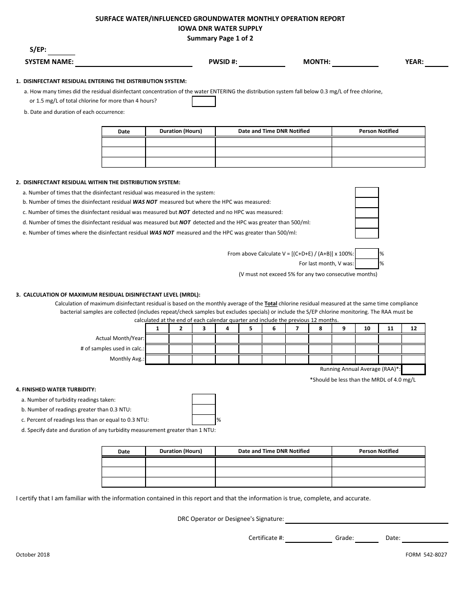 DNR Form 542-8027 Large System Surface Water / Influenced Groundwater Monthly Operation Report - Iowa, Page 5