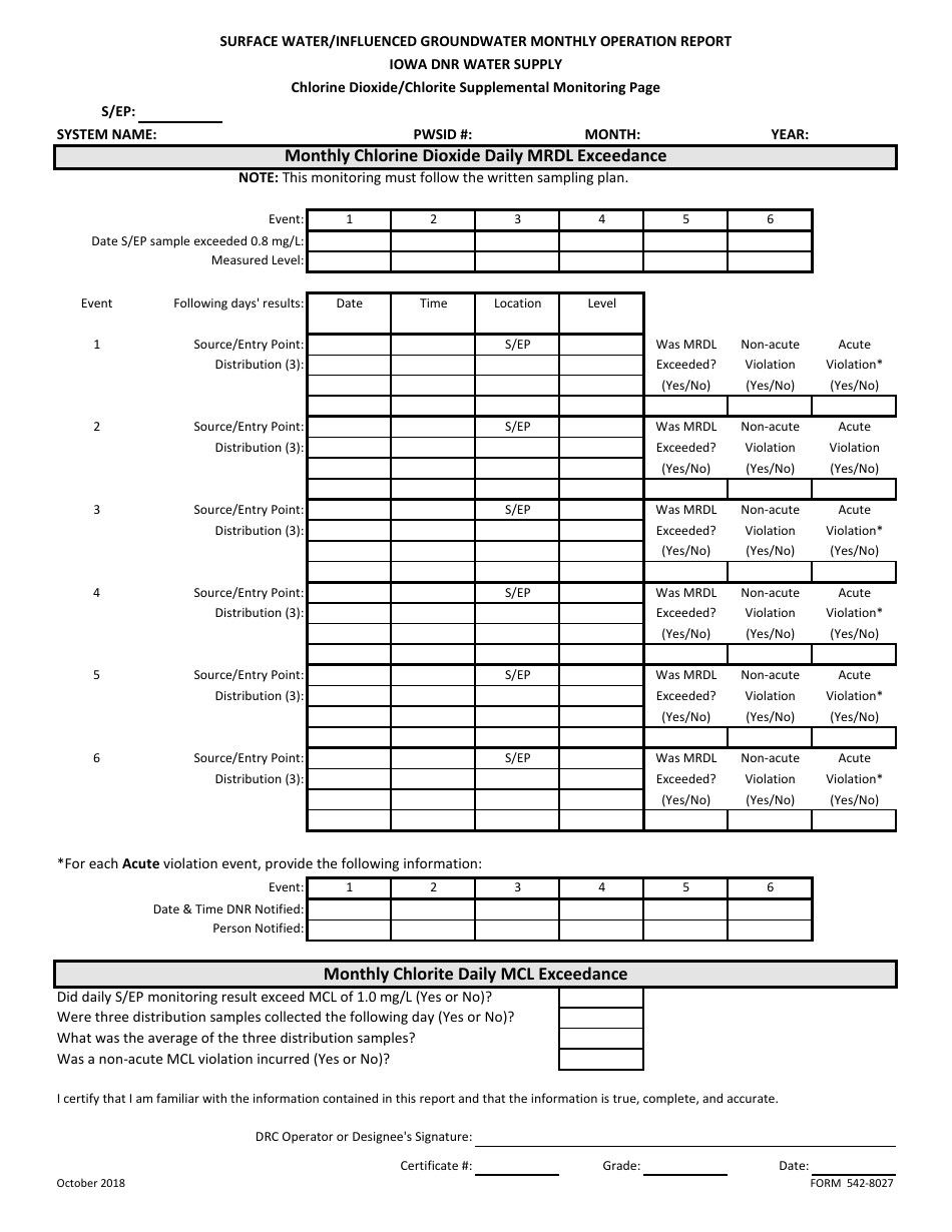 DNR Form 542-8027 Large System Surface Water / Influenced Groundwater Monthly Operation Report - Iowa, Page 7