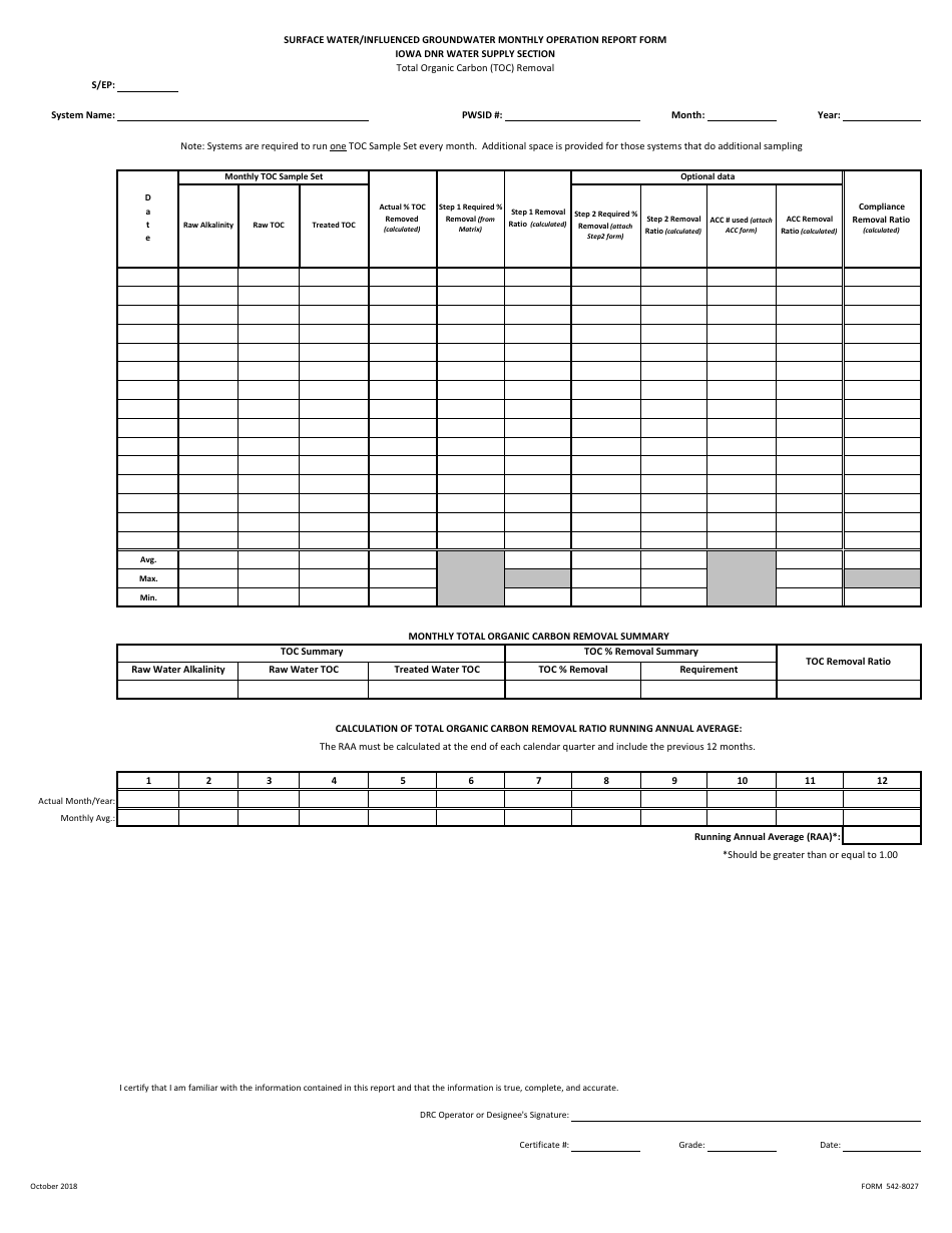 DNR Form 542-8027 Large System Surface Water / Influenced Groundwater Monthly Operation Report - Iowa, Page 8