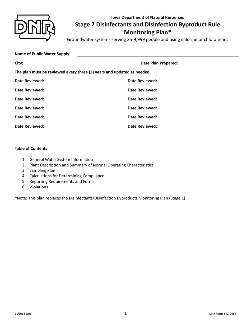 DNR Form 542-0458 Stage 2 Disinfectants and Disinfection Byproduct Rule Monitoring Plan - Groundwater Systems Serving 25-9,999 People and Using Chlorine or Chloramines - Iowa, Page 1