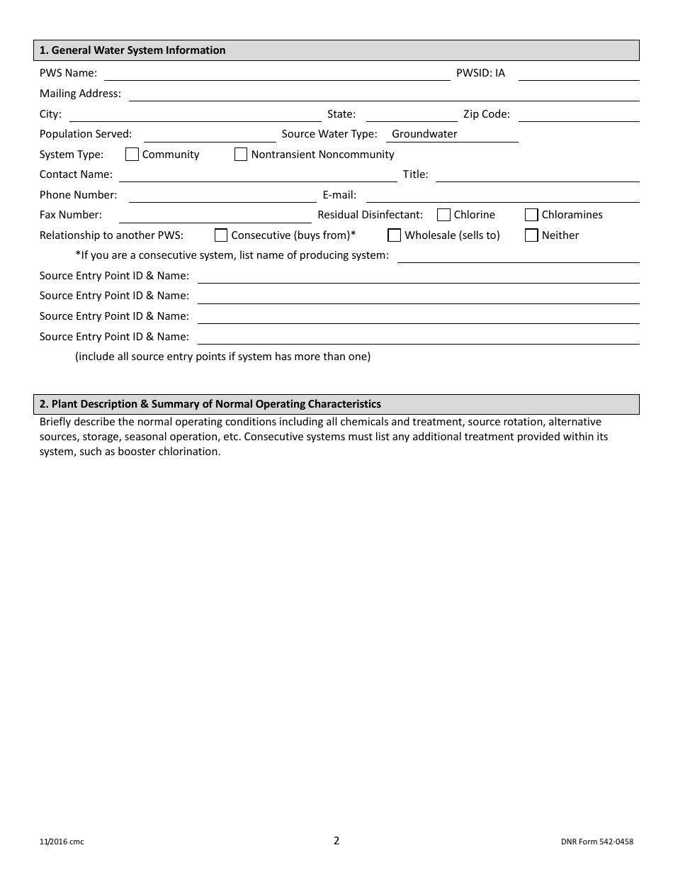 DNR Form 542-0458 Stage 2 Disinfectants and Disinfection Byproduct Rule Monitoring Plan - Groundwater Systems Serving 25-9,999 People and Using Chlorine or Chloramines - Iowa, Page 2