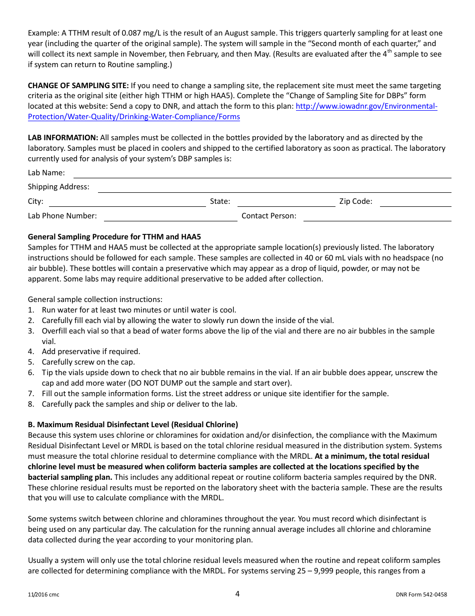 DNR Form 542-0458 Stage 2 Disinfectants and Disinfection Byproduct Rule Monitoring Plan - Groundwater Systems Serving 25-9,999 People and Using Chlorine or Chloramines - Iowa, Page 4