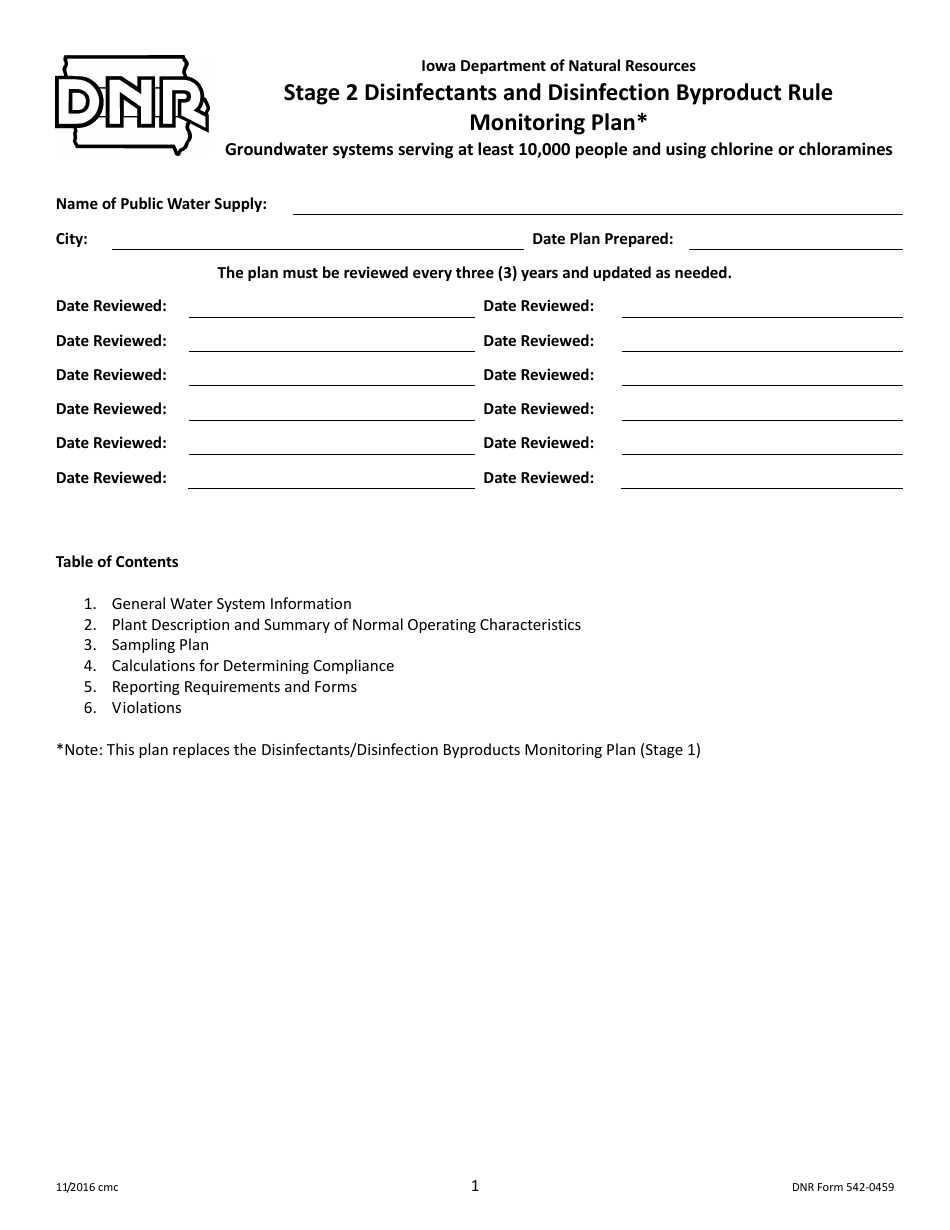 DNR Form 542-0459 Stage 2 Disinfectants and Disinfection Byproduct Rule Monitoring Plan - Groundwater Systems Serving at Least 10,000 People and Using Chlorine or Chloramines - Iowa, Page 1