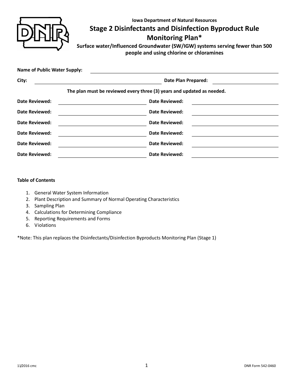 DNR Form 542-0460 Stage 2 Disinfectants and Disinfection Byproduct Rule Monitoring Plan - Surface Water / Influenced Groundwater (SW / Igw) Systems Serving Fewer Than 500 People and Using Chlorine or Chloramines - Iowa, Page 1