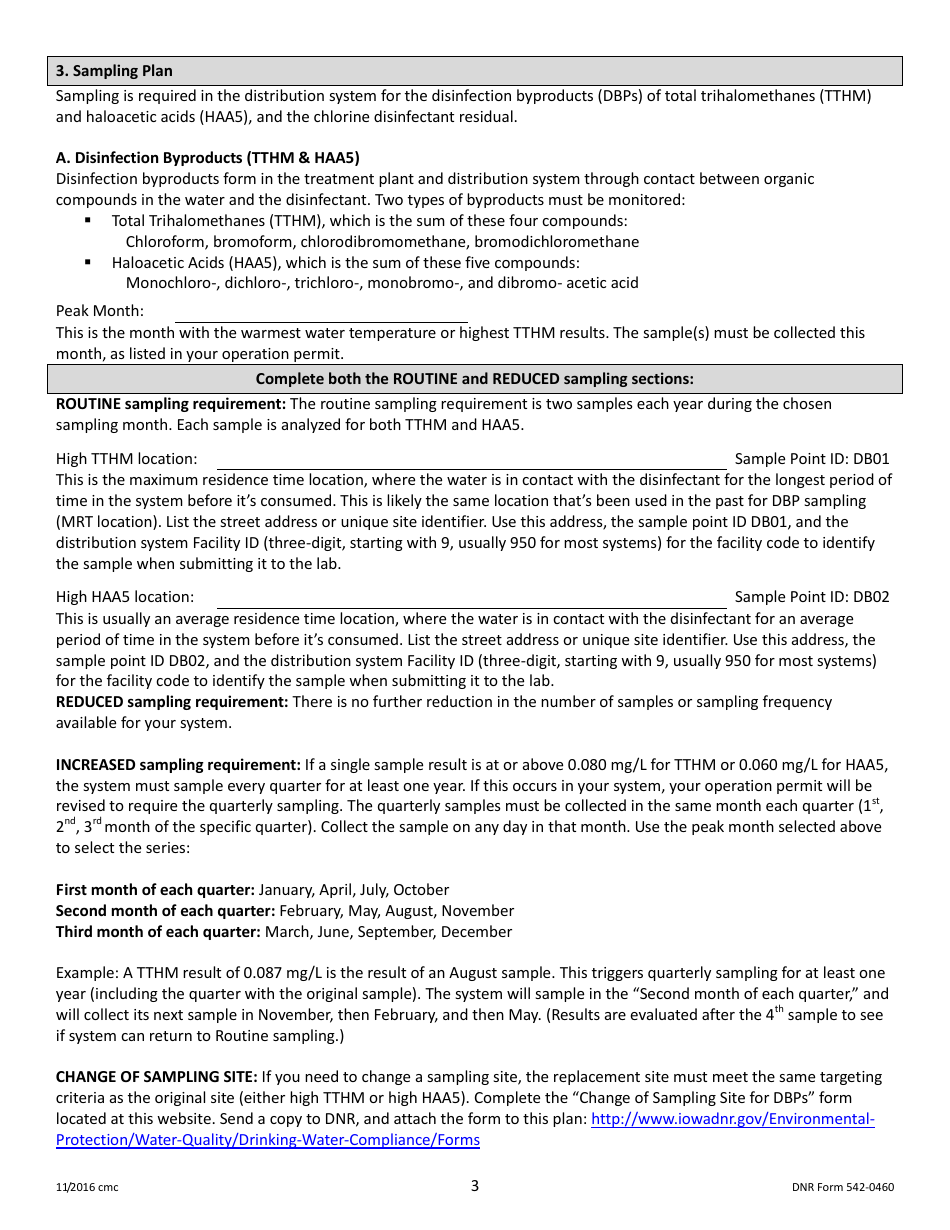 DNR Form 542-0460 Stage 2 Disinfectants and Disinfection Byproduct Rule Monitoring Plan - Surface Water / Influenced Groundwater (SW / Igw) Systems Serving Fewer Than 500 People and Using Chlorine or Chloramines - Iowa, Page 3