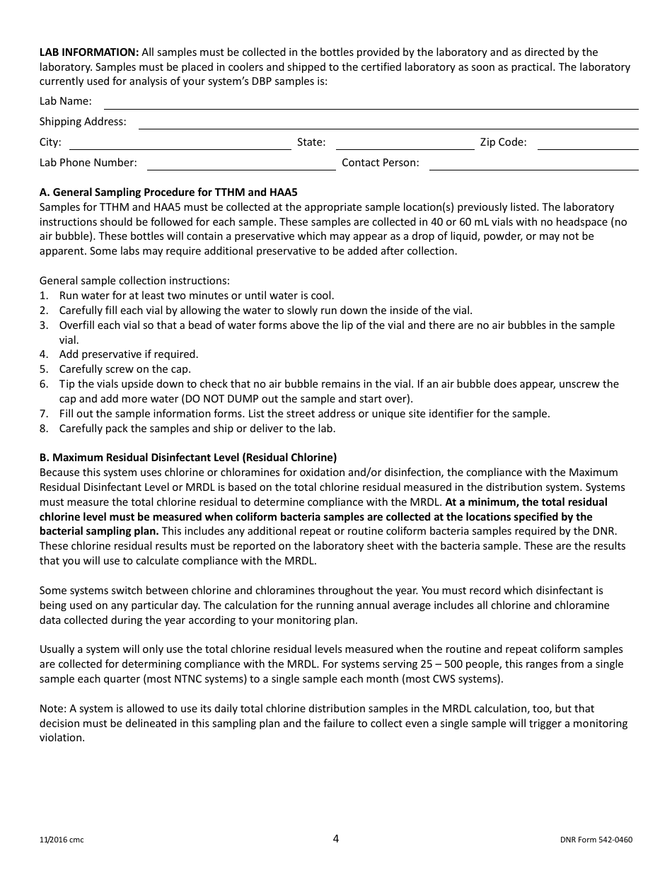 DNR Form 542-0460 Stage 2 Disinfectants and Disinfection Byproduct Rule Monitoring Plan - Surface Water / Influenced Groundwater (SW / Igw) Systems Serving Fewer Than 500 People and Using Chlorine or Chloramines - Iowa, Page 4