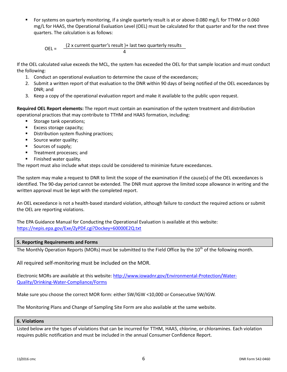 DNR Form 542-0460 Stage 2 Disinfectants and Disinfection Byproduct Rule Monitoring Plan - Surface Water / Influenced Groundwater (SW / Igw) Systems Serving Fewer Than 500 People and Using Chlorine or Chloramines - Iowa, Page 6
