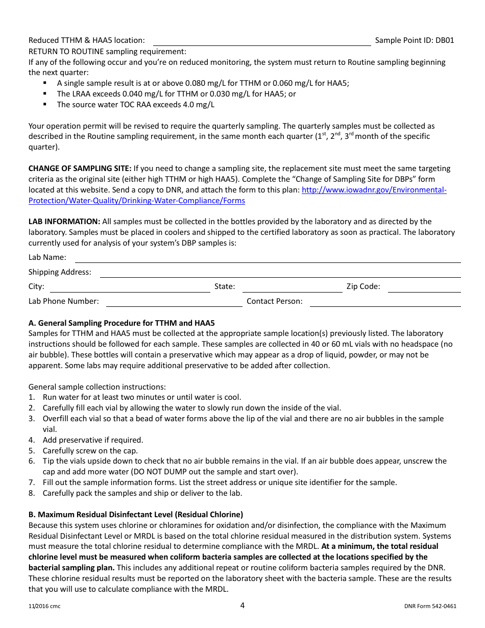DNR Form 542-0461 Stage 2 Disinfectants and Disinfection Byproduct Rule Monitoring Plan - Surface Water / Influenced Groundwater (SW / Igw) Systems Serving 500 - 3,000 People and Using Chlorine or Chloramines - Iowa, Page 4