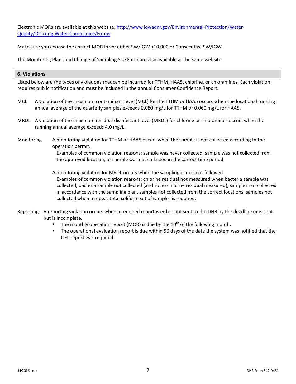 DNR Form 542-0461 Stage 2 Disinfectants and Disinfection Byproduct Rule Monitoring Plan - Surface Water / Influenced Groundwater (SW / Igw) Systems Serving 500 - 3,000 People and Using Chlorine or Chloramines - Iowa, Page 7