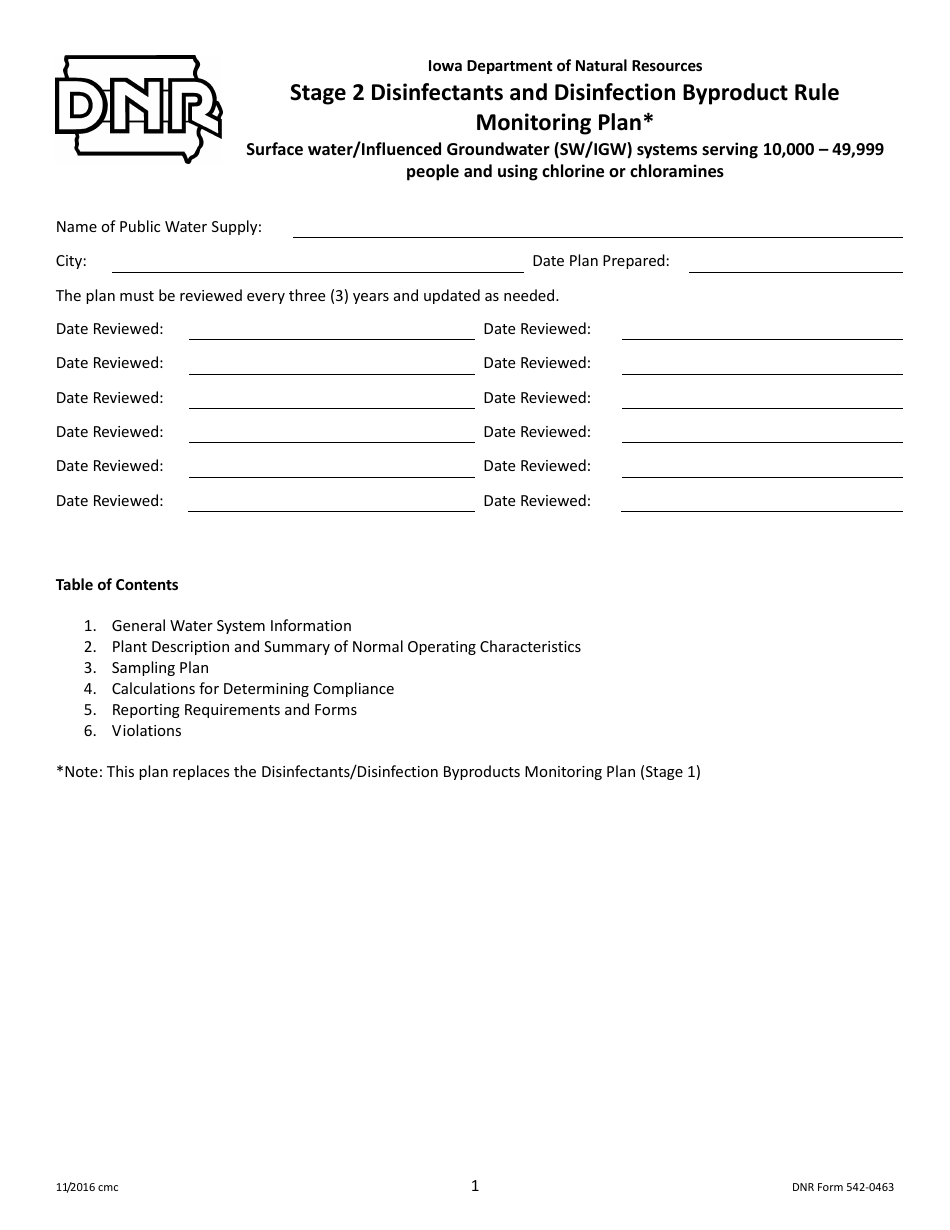DNR Form 542-0463 Stage 2 Disinfectants and Disinfection Byproduct Rule Monitoring Plan - Surface Water / Influenced Groundwater (SW / Igw) Systems Serving 10,000 - 49,999 People and Using Chlorine or Chloramines - Iowa, Page 1