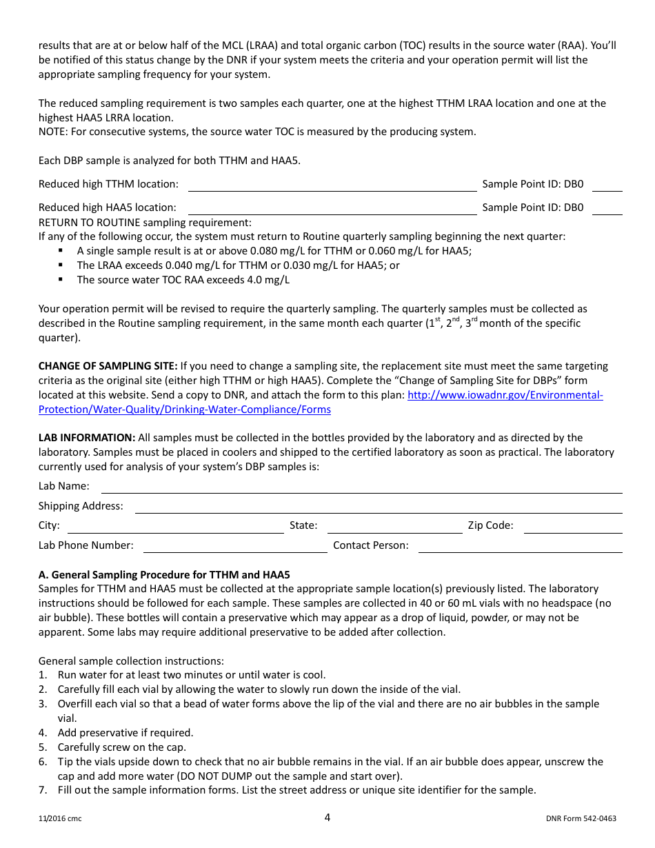 DNR Form 542-0463 Stage 2 Disinfectants and Disinfection Byproduct Rule Monitoring Plan - Surface Water / Influenced Groundwater (SW / Igw) Systems Serving 10,000 - 49,999 People and Using Chlorine or Chloramines - Iowa, Page 4