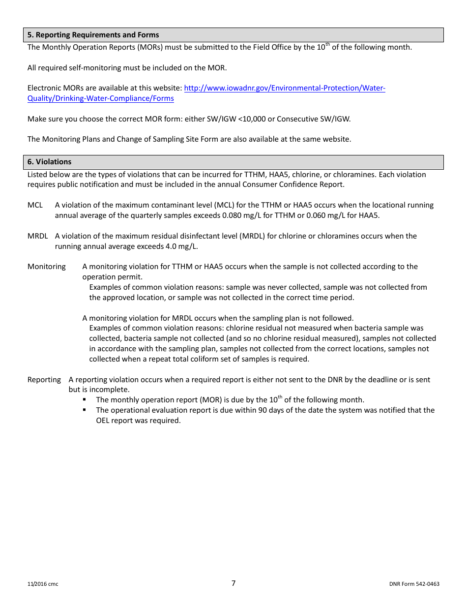 DNR Form 542-0463 Stage 2 Disinfectants and Disinfection Byproduct Rule Monitoring Plan - Surface Water / Influenced Groundwater (SW / Igw) Systems Serving 10,000 - 49,999 People and Using Chlorine or Chloramines - Iowa, Page 7