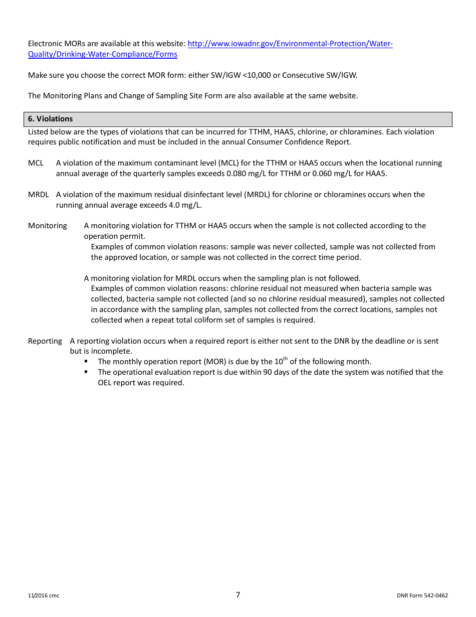 DNR Form 542-0462 Stage 2 Disinfectants and Disinfection Byproduct Rule Monitoring Plan - Surface Water / Influenced Groundwater (SW / Igw) Systems Serving 3,301 - 9,999 People and Using Chlorine or Chloramines - Iowa, Page 7