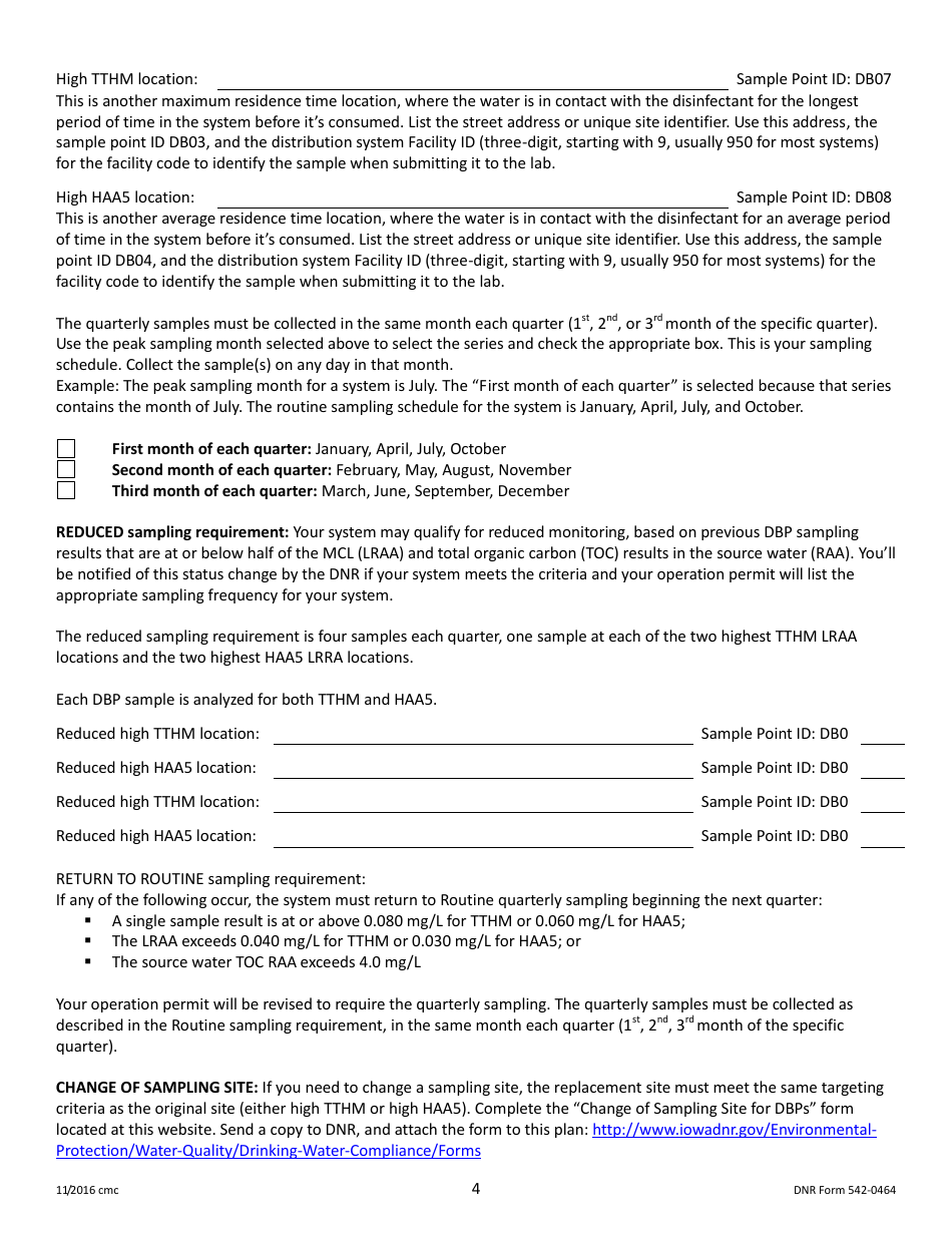 DNR Form 542-0464 Stage 2 Disinfectants and Disinfection Byproduct Rule Monitoring Plan - Surface Water / Influenced Groundwater (SW / Igw) Systems Serving 50,000 - 249,999 People and Using Chlorine or Chloramines - Iowa, Page 4