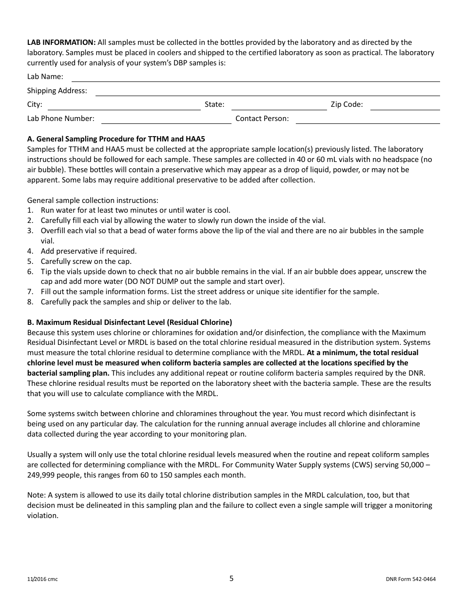 DNR Form 542-0464 Stage 2 Disinfectants and Disinfection Byproduct Rule Monitoring Plan - Surface Water / Influenced Groundwater (SW / Igw) Systems Serving 50,000 - 249,999 People and Using Chlorine or Chloramines - Iowa, Page 5