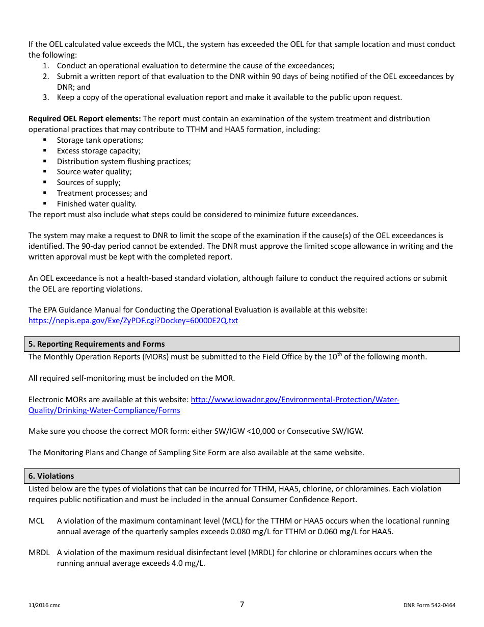 DNR Form 542-0464 Stage 2 Disinfectants and Disinfection Byproduct Rule Monitoring Plan - Surface Water / Influenced Groundwater (SW / Igw) Systems Serving 50,000 - 249,999 People and Using Chlorine or Chloramines - Iowa, Page 7