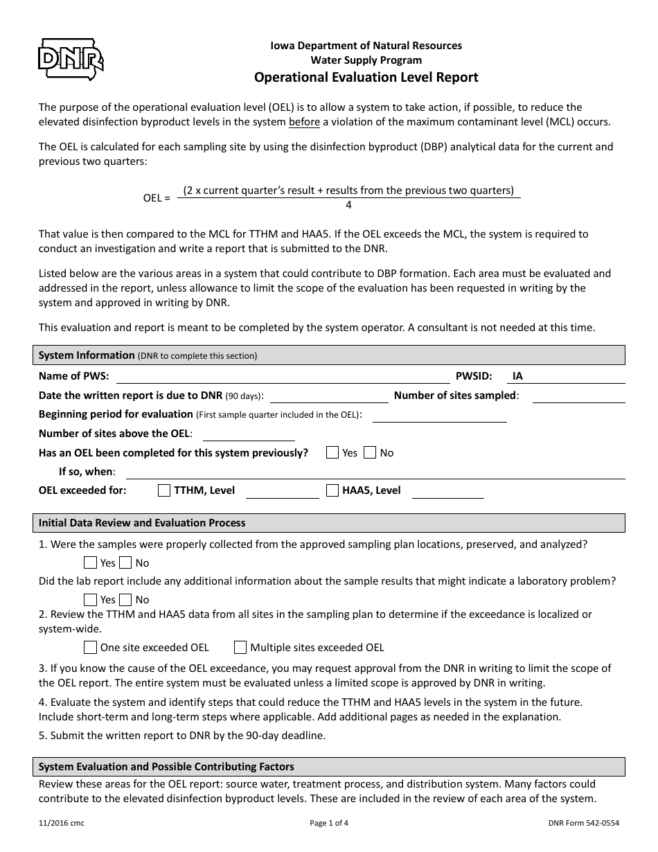 DNR Form 542-0554 Operational Evaluation Level Report - Water Supply Program - Iowa, Page 1