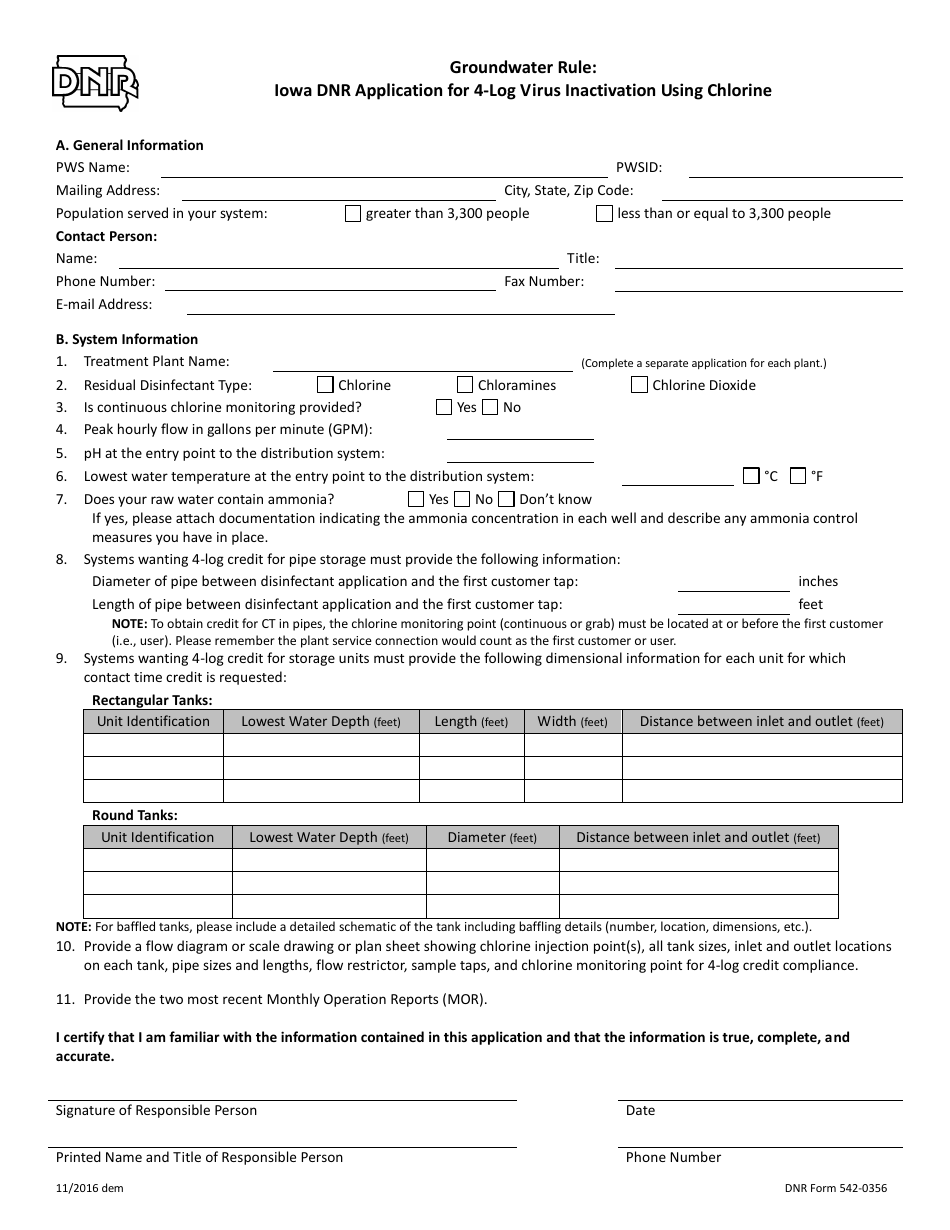 DNR Form 542-0356 Groundwater Rule: Iowa DNR Application for 4-log Virus Inactivation Using Chlorine - Iowa, Page 3