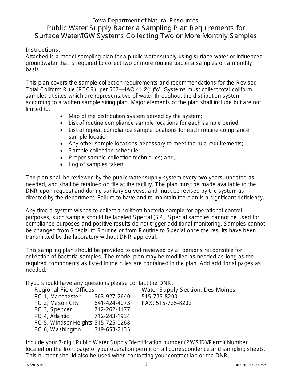 DNR Form 542-0896 Public Water Supply Bacteria Sampling Plan Requirements for Surface Water / Igw Systems Collecting Two or More Monthly Samples - Iowa, Page 1
