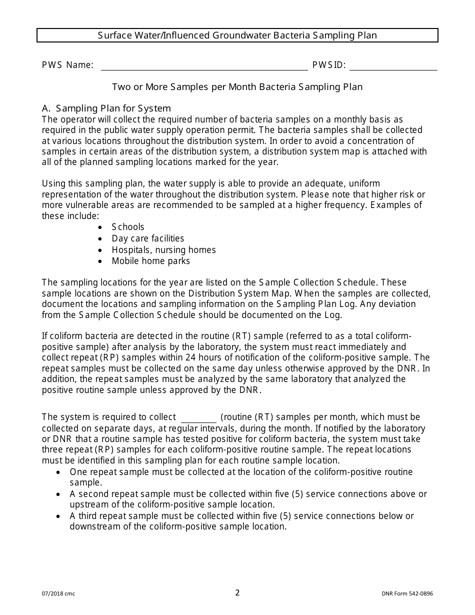 DNR Form 542-0896 Public Water Supply Bacteria Sampling Plan Requirements for Surface Water / Igw Systems Collecting Two or More Monthly Samples - Iowa, Page 2