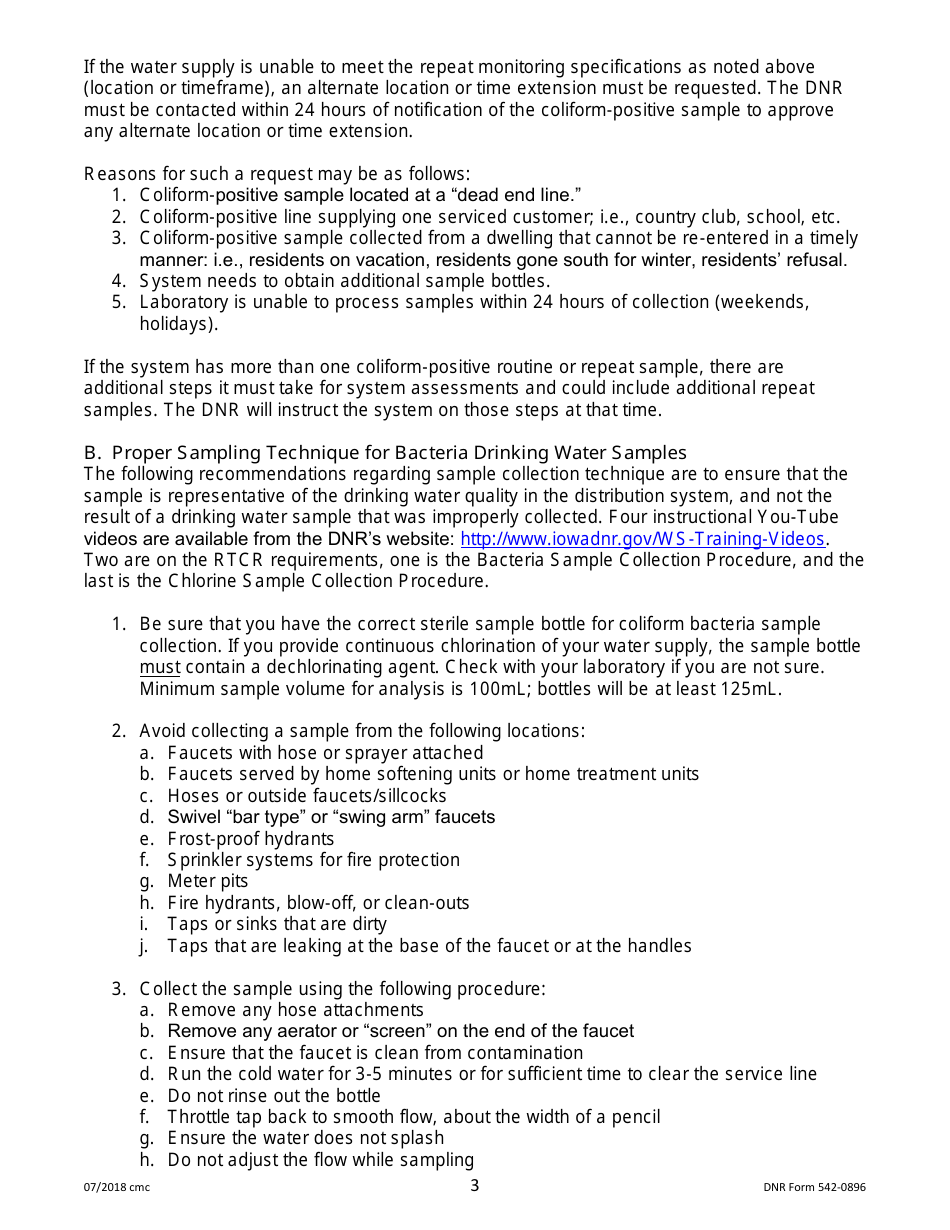 DNR Form 542-0896 Public Water Supply Bacteria Sampling Plan Requirements for Surface Water / Igw Systems Collecting Two or More Monthly Samples - Iowa, Page 3