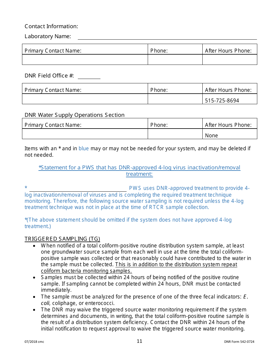 DNR Form 542-0724 Public Water Supply Bacteria Sampling Plan Requirements for Groundwater Systems Collecting One Quarterly Sample - Iowa, Page 11