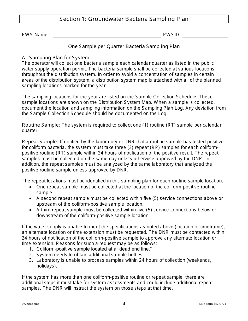 DNR Form 542-0724 Public Water Supply Bacteria Sampling Plan Requirements for Groundwater Systems Collecting One Quarterly Sample - Iowa, Page 3